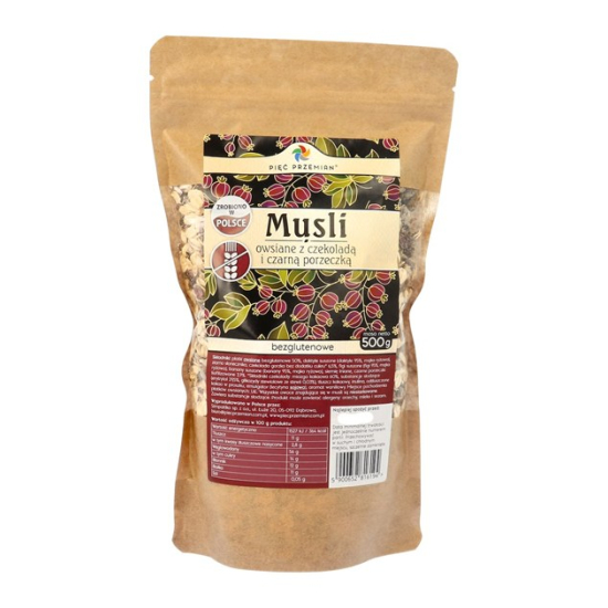 Musli owsiane z czekoladą i czarną porzeczką bezglutenowe 500 g - Pięć Przemian