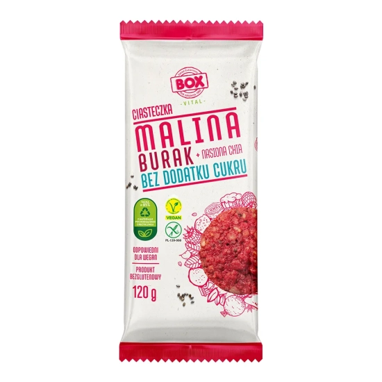Ciasteczka malina + burak + nasiona chia bezglutenowe bez dod.cukru 120g Box
